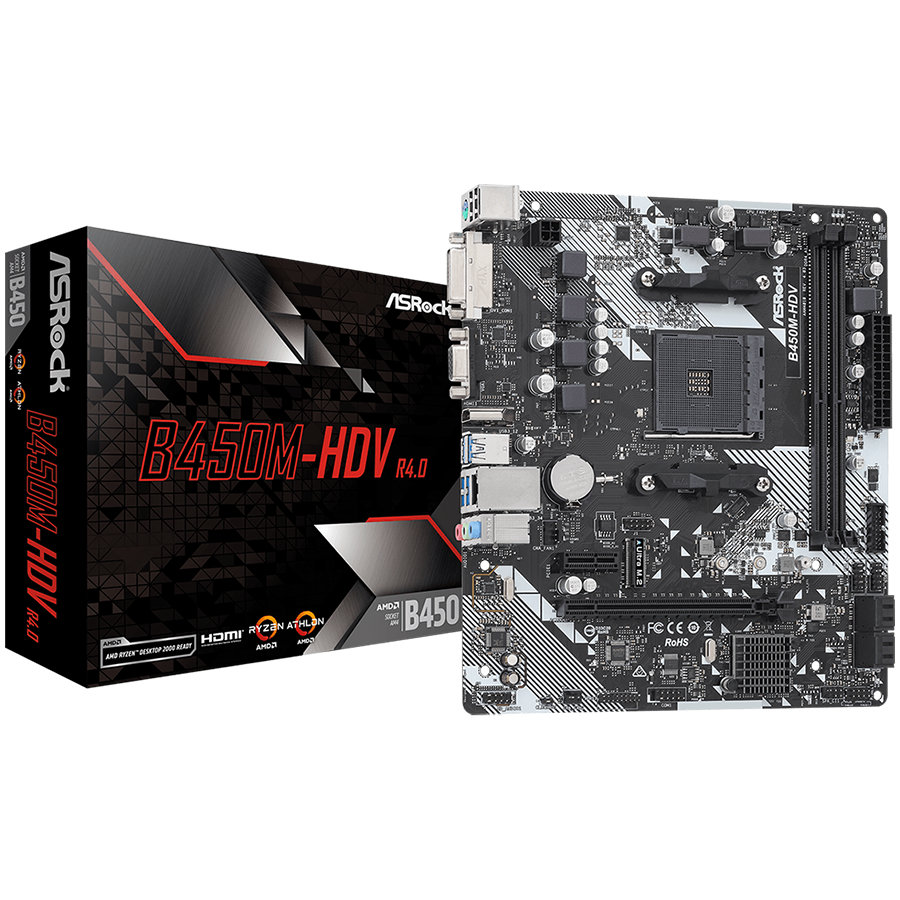 ASROCK MB B450 AM4 2 x DDR4 DIMM 4 x SATA3 1 x Ultra M.2 1 x D-Sub 1 x DVI-D 1 x HDMI Micro ATX, B450M-HDV R4.0