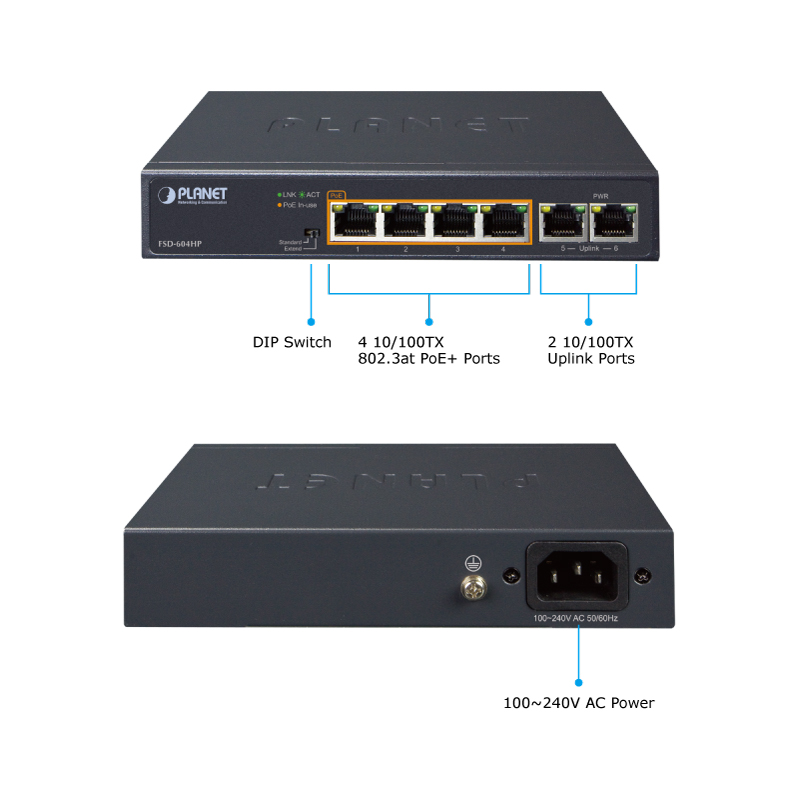 PLANET mrežni preklopnik 4-port 10/100TX 802.3at PoE + 2-port 10/100TX, FSD-604HP