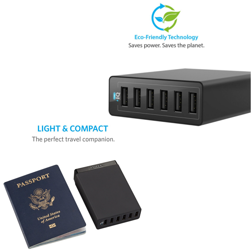 Anker PowerPort 6 stolni adapter/punjač, 6× USB(A) 60W, PowerIQ, VoltageBoost, A2123L12 - Slika 2