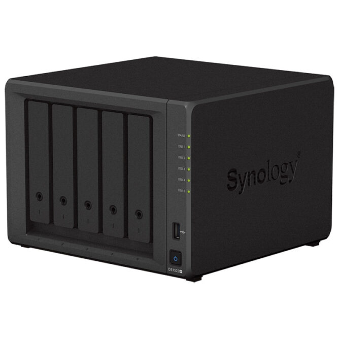 Synology DS1522+ DiskStation 5-bay All-in-1 NAS server, 2.5"/3.5" HDD/SSD/M.2 podrška, Hot Swappable HDD, Wake on LAN/WAN, 8GB DDR4, 4×G-LAN, USB3.2/eSATA