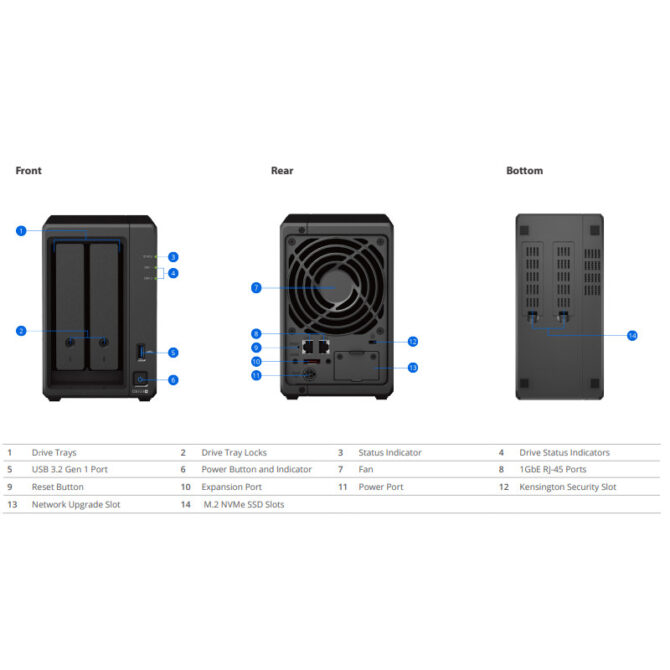 Synology DS723+ DiskStation 2-bay All-in-1 NAS server, 2.5"/3.5" HDD/SSD podrška, Hot Swappable HDD, Wake on LAN/WAN, 2GB, 2×G-LAN, USB3.2 Gen 1/eSATA