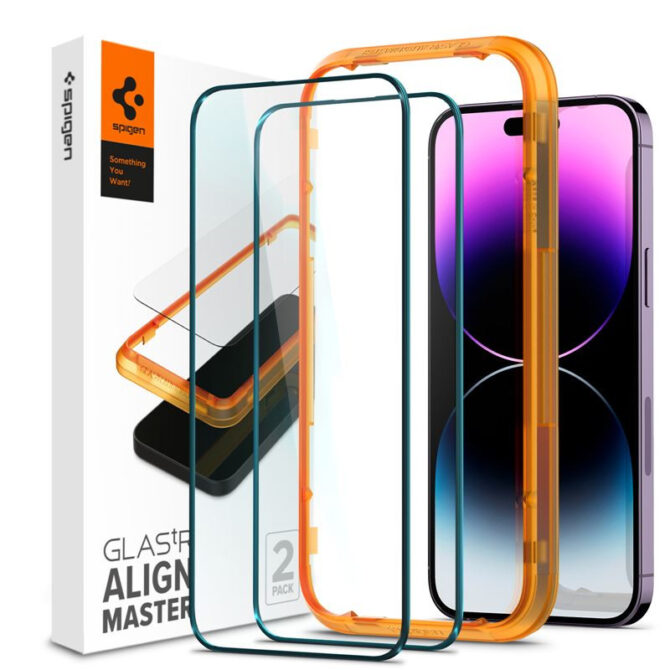 Spigen tR Align Master, zaštitno staklo za ekran telefona,2 kom, crno + okvir za instalaciju, FC black - iPhone 14 Pro Max
