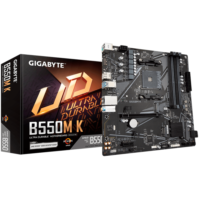 Gigabyte MB B550M K 4 x DDR4 PCIe 3.0 2 x M.2 4 x SATA 1 x DisplayPort 1 x HDMI port Micro ATX, B550M K