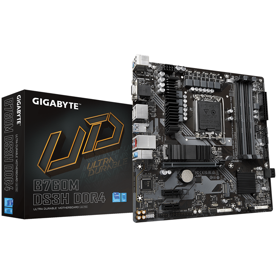 Gigabyte Main Board Desktop LGA1700 B760 4 x DDR5 2 x M.2 4 x SATA 1 x D-Sub port 1 x HDMI port 2 x DisplayPorts Micro ATX, B760M DS3H