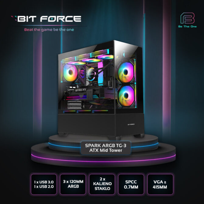 Bit Force SPARK ARGB-TG3 Midi Tower ARGB Gaming PC ATX kućište bez napajanja, crno