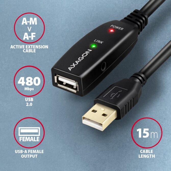 CC USB AM 2.0 -> USB AF, Aktivni produžni, 15m, ADR-215, AXA - Image 2