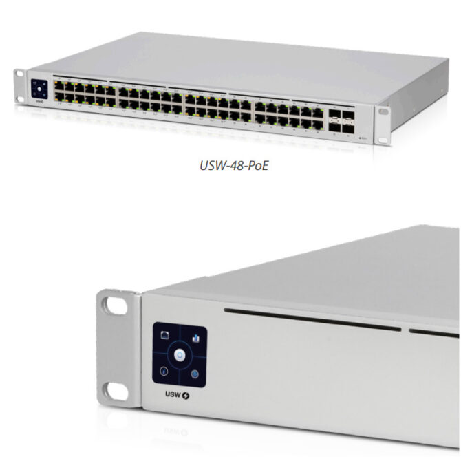 Ubiquiti UniFi Managed 48-port Gigabit Switch (32-port PoE+), 4×SFP, Touchscreen LCD, Rackmount, 195W (USW-48-PoE)