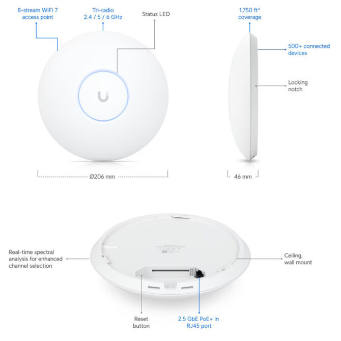 Ubiquiti UniFi U7-Pro-Max Wifi 7 PoE+ stropna pristupna točka 1x2.5 GbE RJ45 port, 25W - Image 2