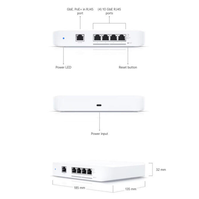 Ubiquiti UniFi 5-Port full-managed Multi-Gigabit-Layer-2-Switch, PoE support, 4x 10 Gbit/s Ethernet, 1x Gigabit Ethernet (USW-Flex-XG)