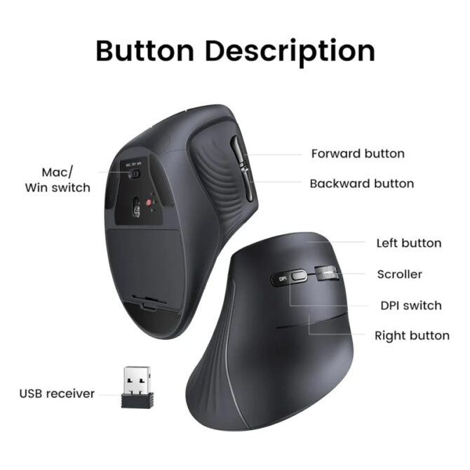 UGREEN bežični ergonomski vertikalni miš, bluetooth, 4000 DPI, USB, crni - Image 3