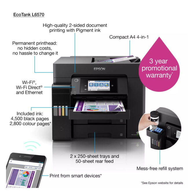 Epson EcoTank L6570 MFP Color pisač 4800x1200 DPI, c/b 32/32 str/min, Apple AirPrint, Epson Connect, USB/WiFi/LAN (C11CJ29402) - Slika 16