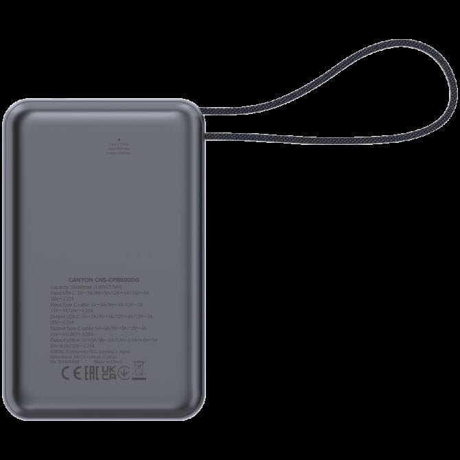 Canyon power bank OnPower 600 built-in cable 20000 mAh PD65W Dark Grey, CNS-CPB600DG - Slika 5