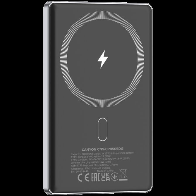 Canyon power bank OnPower 505 slim Magsafe 5000 mAh PD20W Dark Grey, CNS-CPB505DG - Slika 4