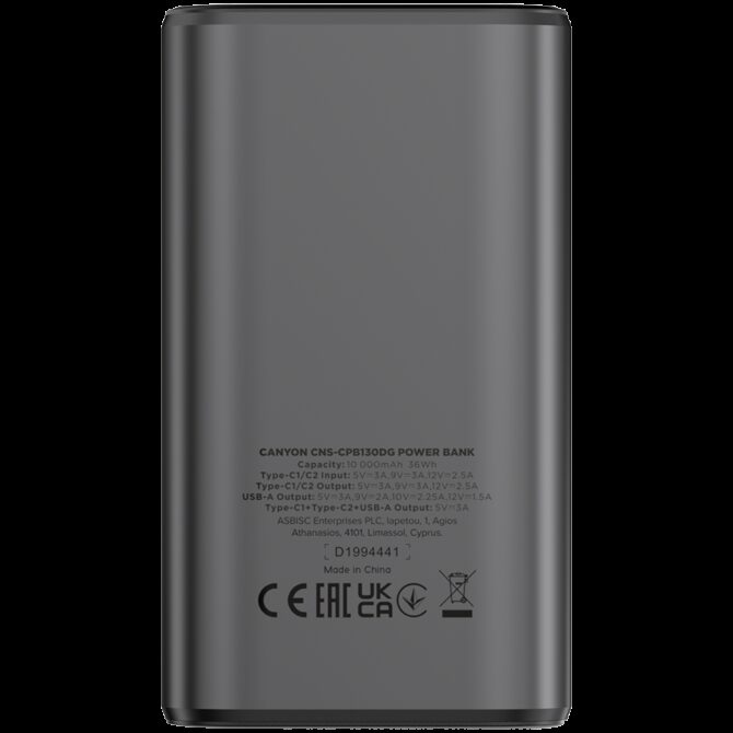 Canyon power bank OnPower 130 TFT 10000 mAh PD30W Dark Grey, CNS-CPB130DG - Slika 3