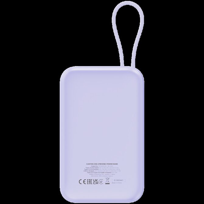 Canyon power bank OnPower 101 built-in cable 10000 mAh PD22.5W Purple, CNS-CPB101PU - Slika 4