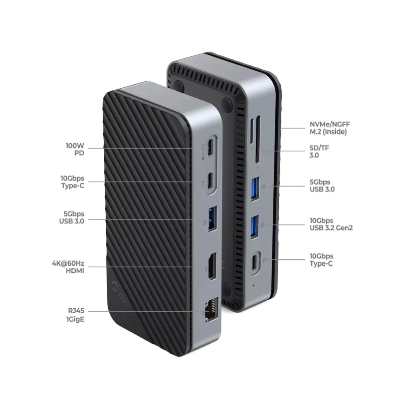 Orico 10-portni Docking station + M.2 kućište, 1x USB-C (100W), 1x USB 3.2, 1x USB-C, 2x USB-A 3.0, 1x HDMI, RJ-45, SD/TF - Slika 17