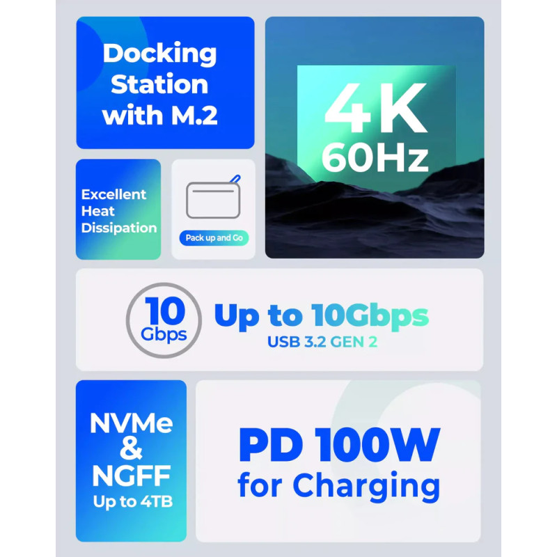 Orico 10-portni Docking station + M.2 kućište, 1x USB-C (100W), 1x USB 3.2, 1x USB-C, 2x USB-A 3.0, 1x HDMI, RJ-45, SD/TF - Slika 18