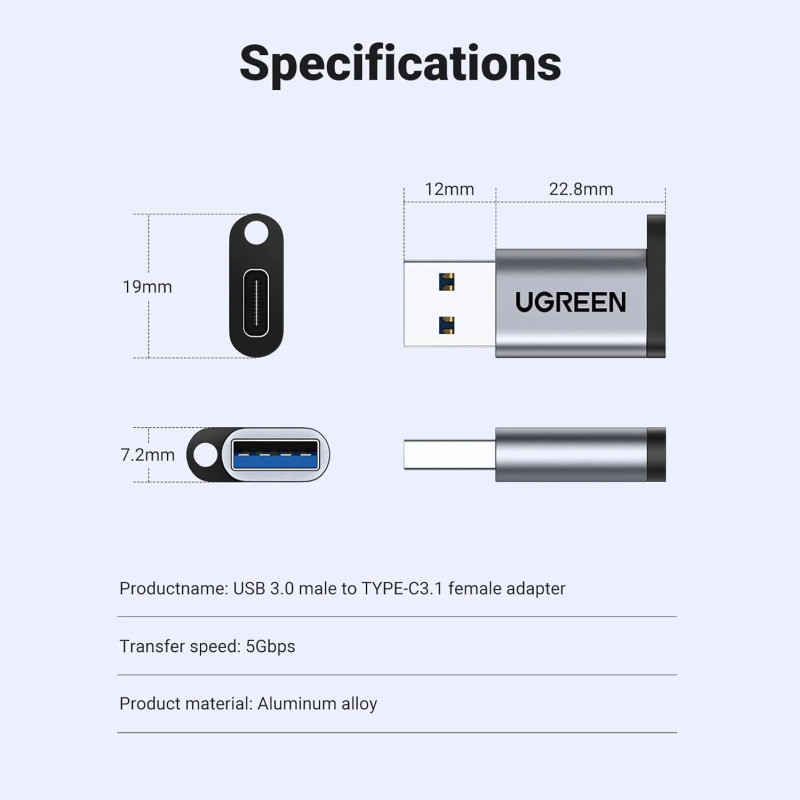 UGREEN adapter USB 3.1 C (Ž) na USB-A 3.0 (M), sivi - Slika 7