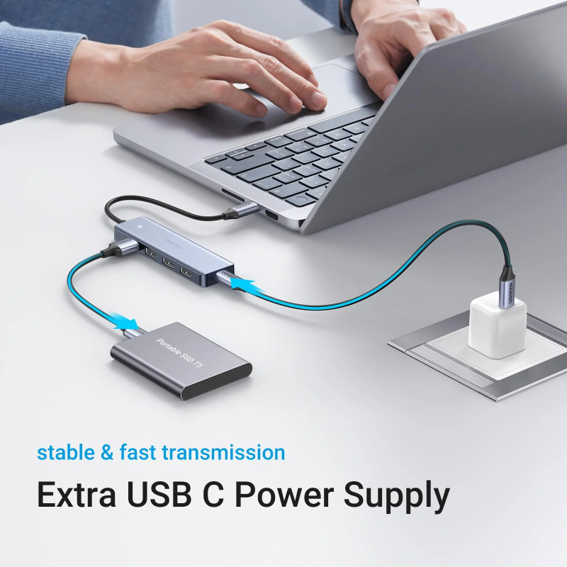 UGREEN 4-portni USB-C HUB 4xUSB-A 3.0 + USB-C power port, sivi - Slika 4
