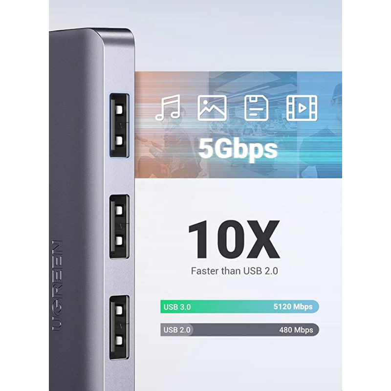 UGREEN 4-portni USB-A HUB 4xUSB-A 3.0 + micro USB power port, sivi - Slika 3