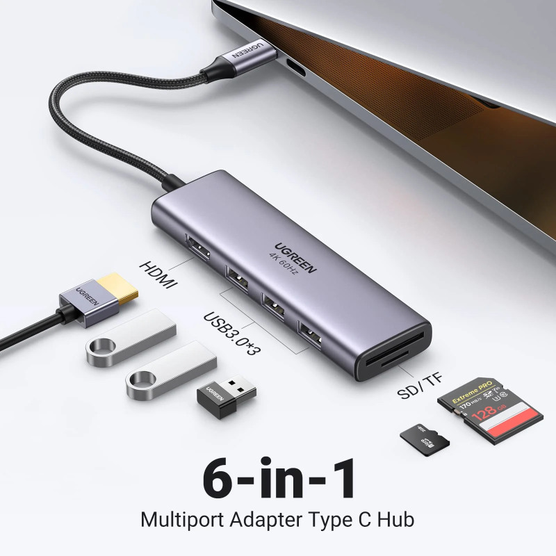 UGREEN 6-portni USB-C HUB 3xUSB-A 3.0, 1xHDMI 4K 60Hz, 1xSD, 1xTF, sivi - Slika 6
