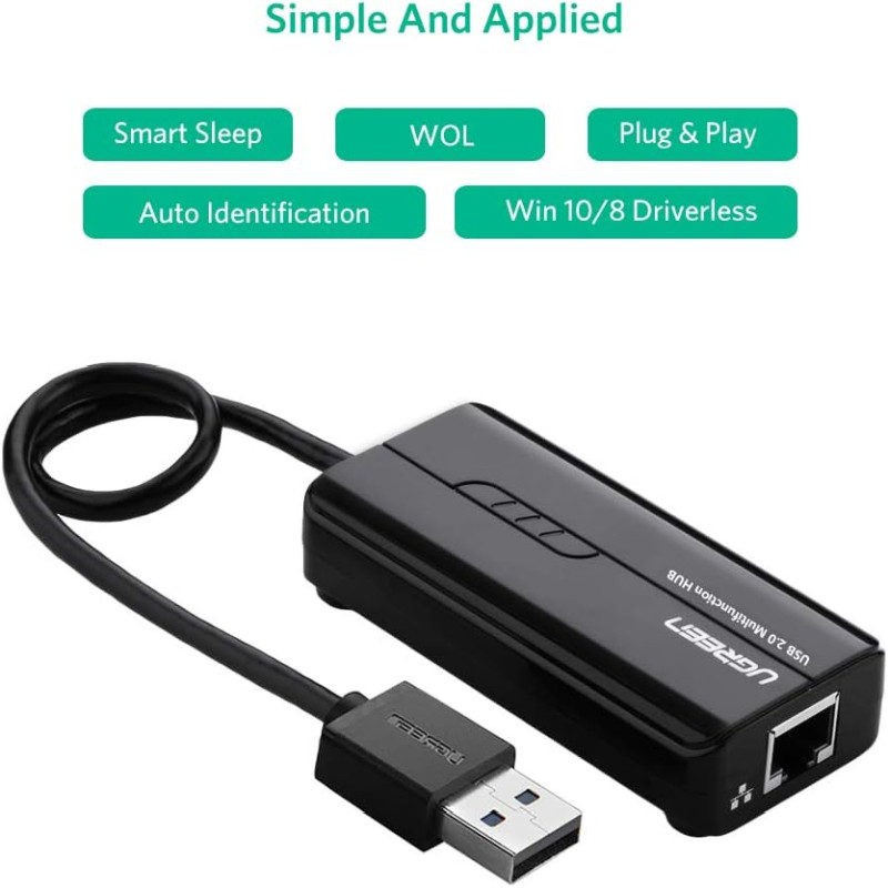 UGREEN 4-portni USB-A HUB 1xEthernet, 3xUSB-A 2.0, 100Mbps, crni - Slika 4