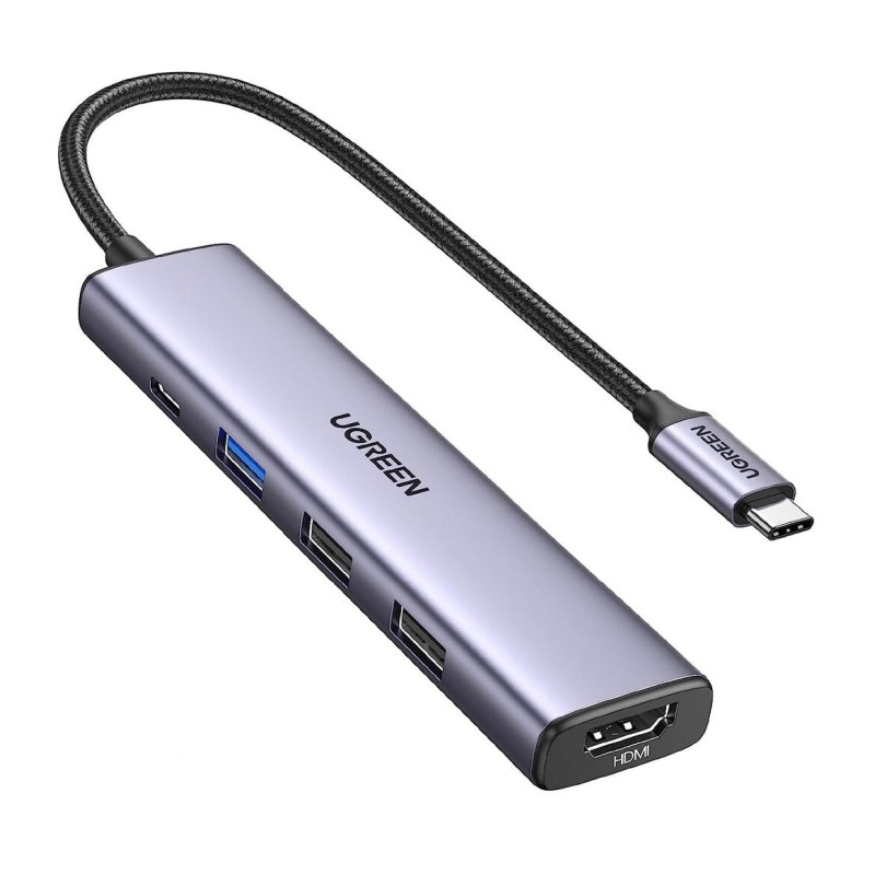 UGREEN 5-portni Revodok 105 USB-C HUB, 3xUSB-A, 1xUSB-C 100W PD, 1xHDMI 4K 30Hz, sivi