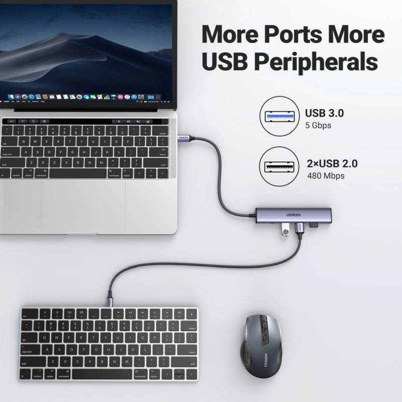 UGREEN 5-portni Revodok 105 USB-C HUB, 3xUSB-A, 1xUSB-C 100W PD, 1xHDMI 4K 30Hz, sivi - Slika 3