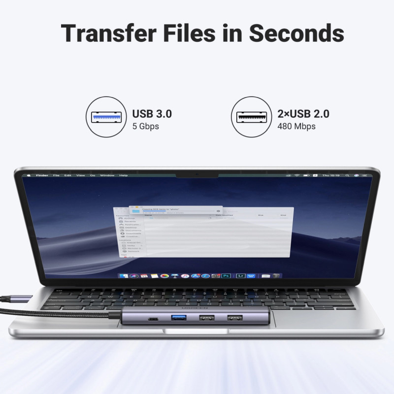 UGREEN 5-portni Revodok 105 USB-C HUB, 3xUSB-A, 1xUSB-C 100W PD, 1xHDMI 4K 30Hz, sivi - Slika 4