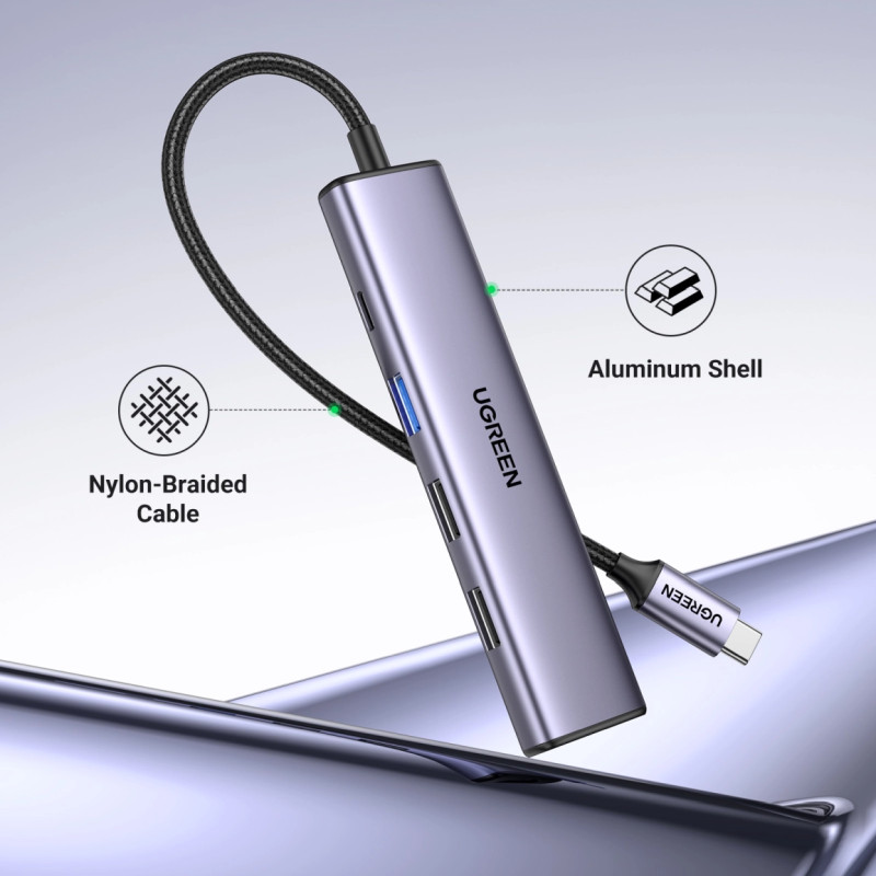 UGREEN 5-portni Revodok 105 USB-C HUB, 3xUSB-A, 1xUSB-C 100W PD, 1xHDMI 4K 30Hz, sivi - Slika 6