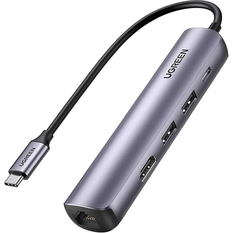 UGREEN 5-portni USB-C HUB 2xUSB-A 3.0 A, 1xHDMI, 1xRJ45, 1x USB-C PD, sivi