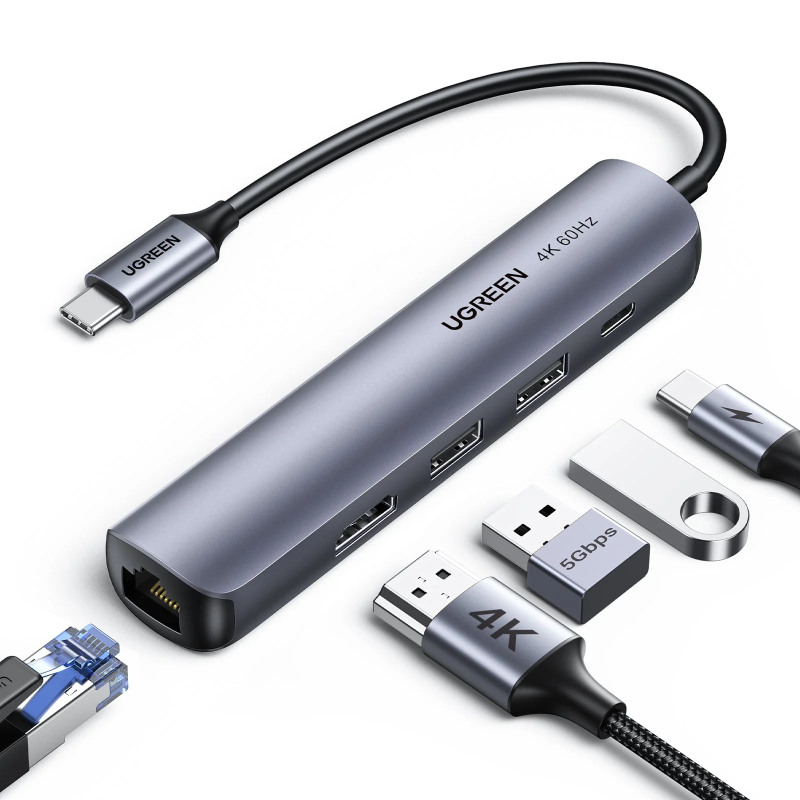 UGREEN 5-portni USB-C HUB 2xUSB-A 3.0 A, 1xHDMI, 1xRJ45, 1x USB-C PD, sivi - Slika 2