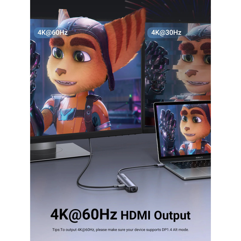 UGREEN 5-portni USB-C HUB 2xUSB-A 3.0 A, 1xHDMI, 1xRJ45, 1x USB-C PD, sivi - Slika 3