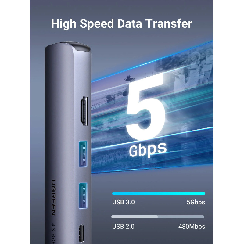 UGREEN 5-portni USB-C HUB 2xUSB-A 3.0 A, 1xHDMI, 1xRJ45, 1x USB-C PD, sivi - Slika 6