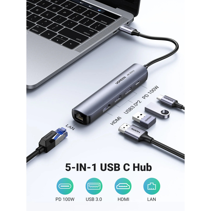 UGREEN 5-portni USB-C HUB 2xUSB-A 3.0 A, 1xHDMI, 1xRJ45, 1x USB-C PD, sivi - Slika 9