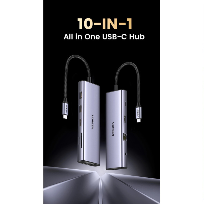 UGREEN 10-portni USB-C HUB 3×USB-A 3.0, 1xUSB- C PD, VGA, 4K, HDMI, 1xG-LAN, 1xSD, 1xTF, 3.5mm, sivi - Slika 19