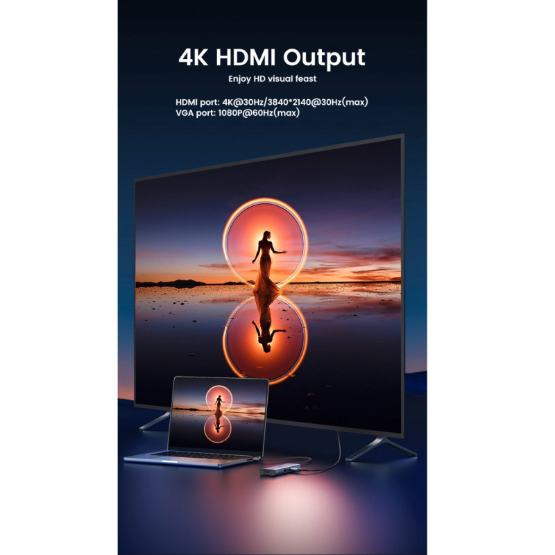 UGREEN 10-portni USB-C HUB 3×USB-A 3.0, 1xUSB- C PD, VGA, 4K, HDMI, 1xG-LAN, 1xSD, 1xTF, 3.5mm, sivi - Slika 22