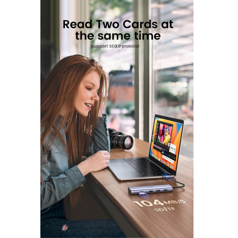 UGREEN 10-portni USB-C HUB 3×USB-A 3.0, 1xUSB- C PD, VGA, 4K, HDMI, 1xG-LAN, 1xSD, 1xTF, 3.5mm, sivi - Slika 28