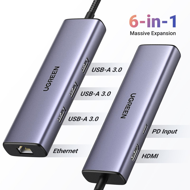 UGREEN 6-portni USB-C HUB USB-C 3×USB-A 3.0, 1×HDMI,1×RJ45,1×USB-C PD, sivi - Slika 3
