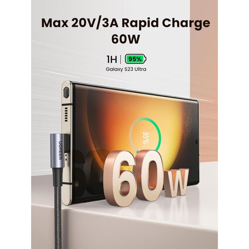 UGREEN USB-C (M) na USB-C (M), kutni 90°, 60W, 3A, PD 3.0, QC 4.0, pleteni kabel MFi, 1m - Slika 3