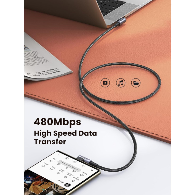 UGREEN USB-C (M) na USB-C (M), kutni 90°, 60W, 3A, PD 3.0, QC 4.0, pleteni kabel MFi, 1m - Slika 4