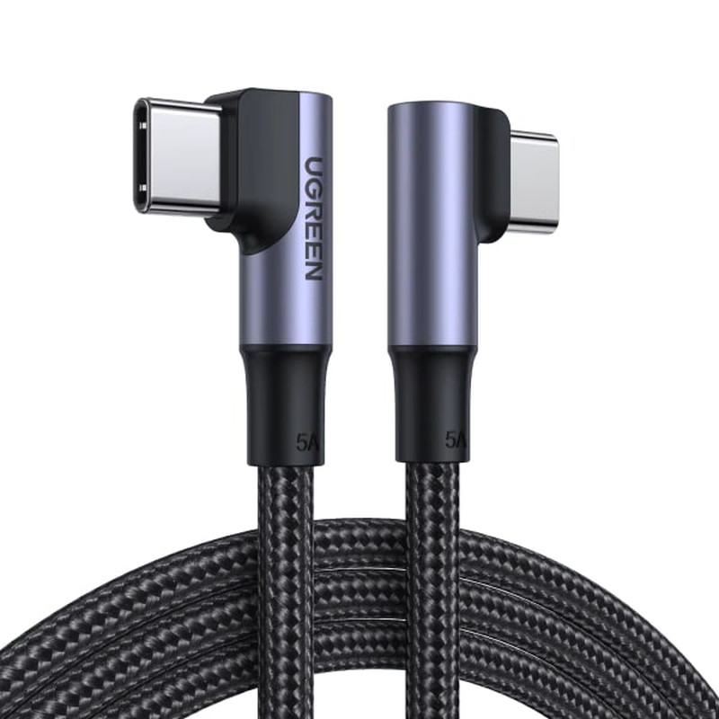 UGREEN USB-C (M) na USB-C (M), kutni 90°, 100W, 5A, PD 3.0, QC 4.0, pleteni kabel MFi, 1m