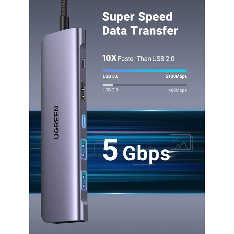 UGREEN 7-portni USB-C HUB 2xUSB-A, 1xUSB-C PD 100W, 1xUSB-C, 1xHDMI 4K, 1xSD, 1xTF, sivi - Slika 4