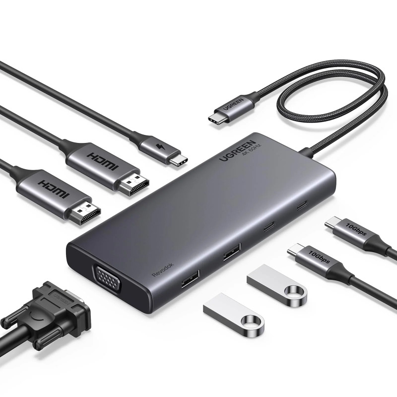 UGREEN 8-portni Revdok USB-C HUB USB-C 2xUSB-C, 2xUSB-A, 1xHDMI 4K 60, 1xHDMI 4K 30, 1xVGA, 1xUSB-C PD 100W, sivi