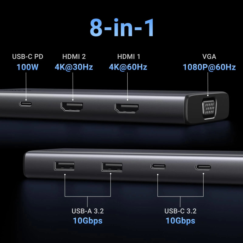 UGREEN 8-portni Revdok USB-C HUB USB-C 2xUSB-C, 2xUSB-A, 1xHDMI 4K 60, 1xHDMI 4K 30, 1xVGA, 1xUSB-C PD 100W, sivi - Slika 2