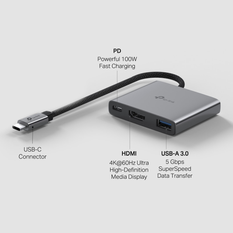TP-Link 3-portni USB-C HUB 1xUSB-A, 1xUSB-C PD, 1x HDMI 4K 60Hz, crni - Slika 3