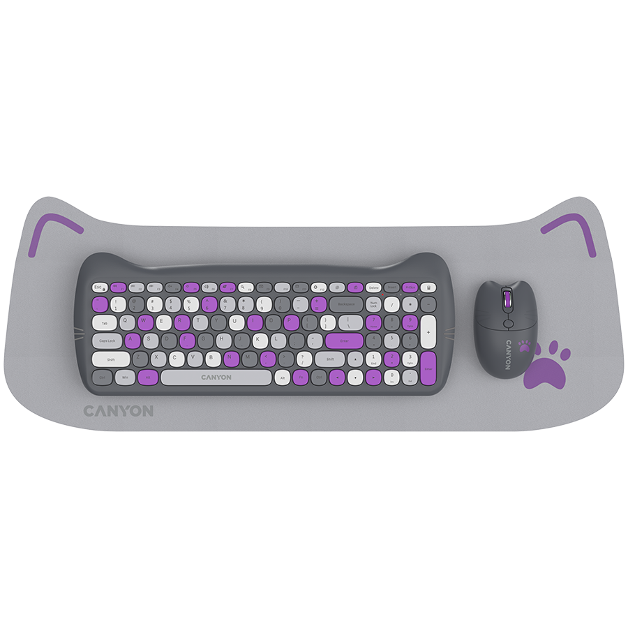 Canyon HSET-W6 EN/AD Keyboard+Mouse Kitty Edition AAA+АА Wireless Violet, CNS-HSETW6VT-AD