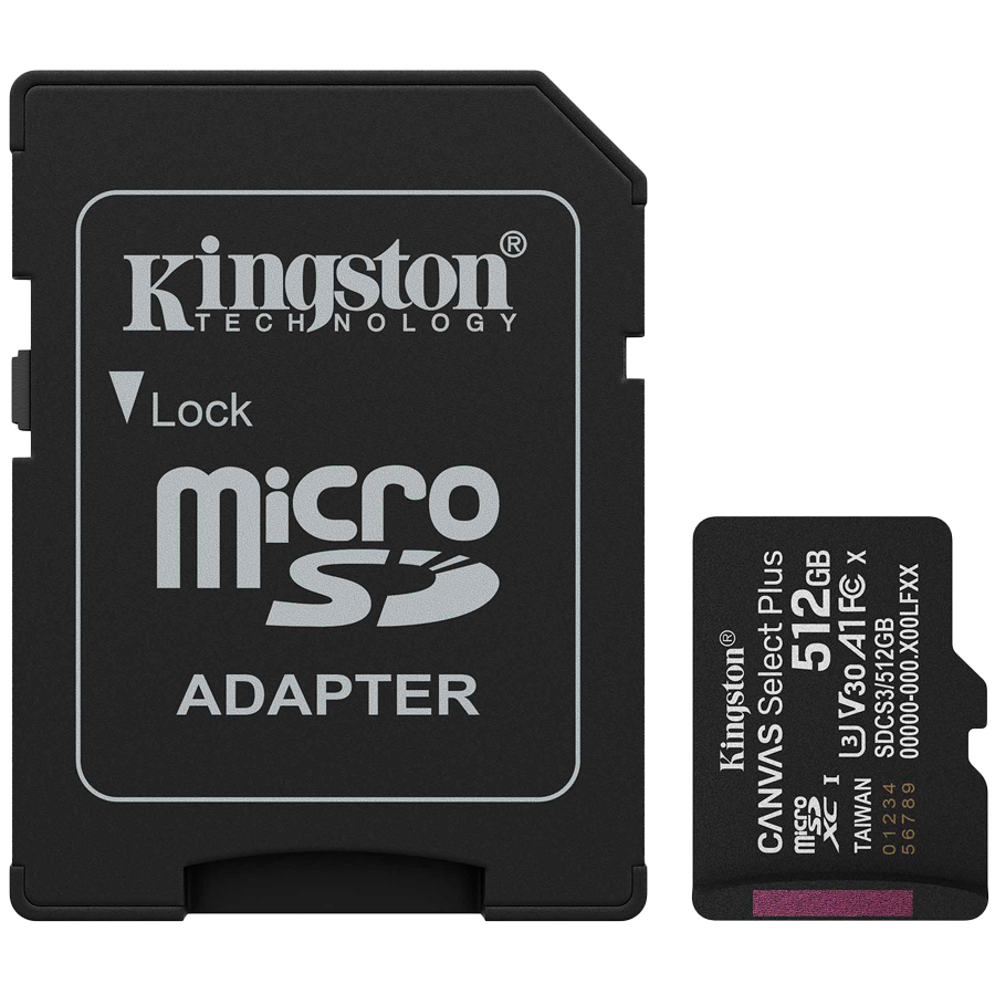 Kingston 512GB microSDXC Canvas Select Plus Gen3 150MB/s A1 Card + Adapter, SDCS3/512GB