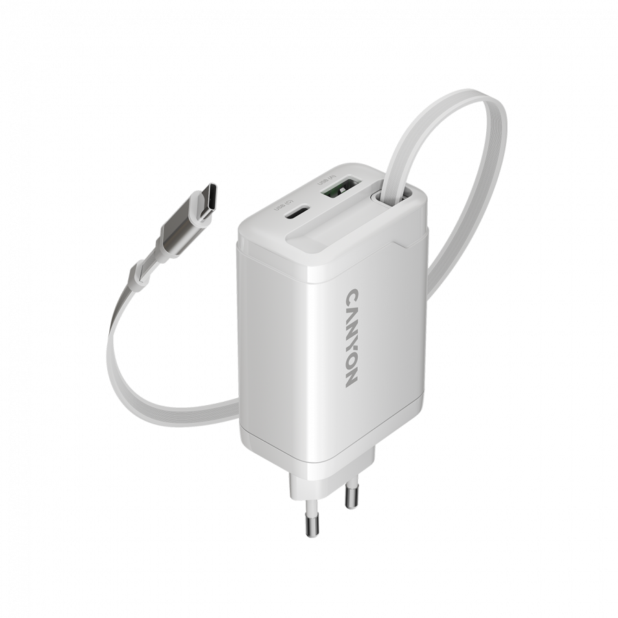 Canyon charger OnCharge 65RC Build-In Cable USB-C 65W 1xPD 1xQC EU White, CNS-CURC65ACW