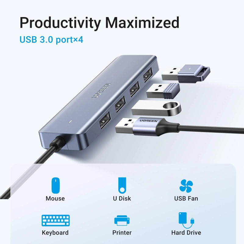 UGREEN 4-portni USB-C HUB 4xUSB-A 3.0 + USB-C power port, sivi - Slika 11